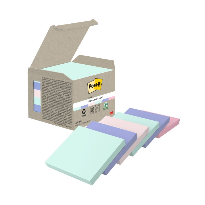 Post-It Pack de 6 Blocs de 100 Notas Adhesivas Recicladas - Forma Cuadrada - 76x76mm - Colores Surtidos