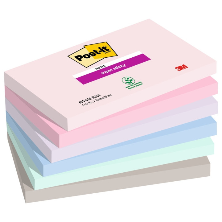 Post-It Super Sticky Pack de 6 Blocs de 90 Notas Adhesivas Reposicionables - Forma Rectangular - 127x76mm - Colores Surtidos
