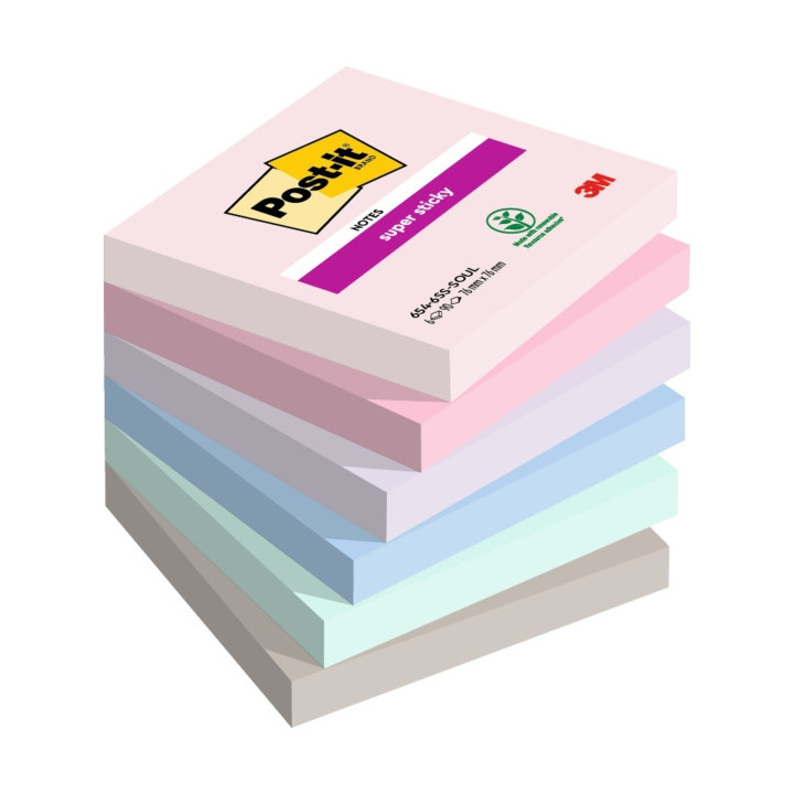 Post-It Super Sticky Pack de 6 Blocs de 90 Notas Adhesivas Reposicionables - Forma Cuadrada - 76x76mm - Colores Surtidos