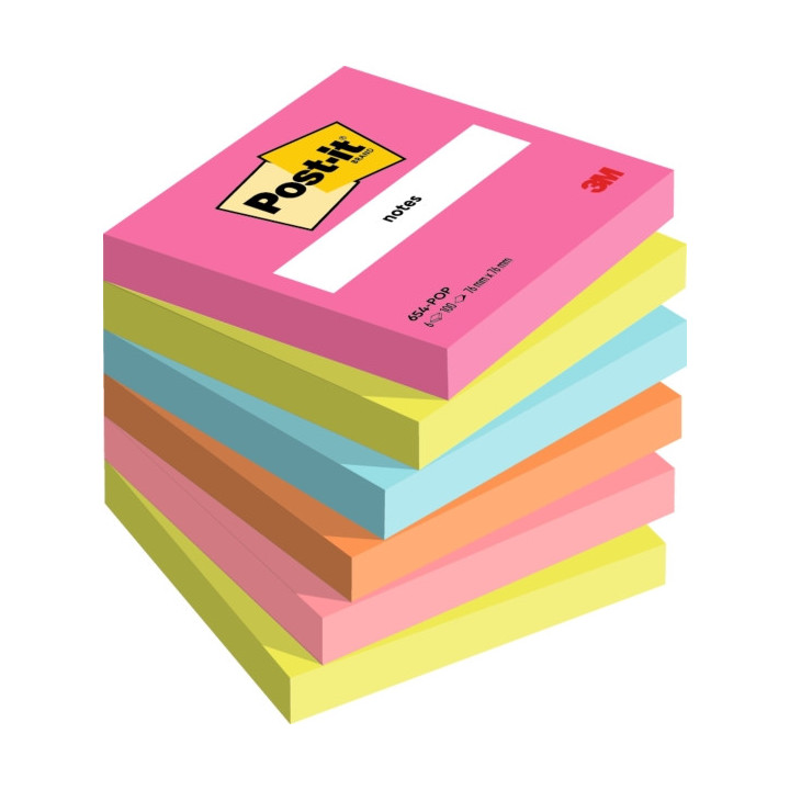 Post-It Pack de 6 Blocs de 100 Notas Adhesivas Reposicionables - Forma Cuadrada - 76x76mm - Colores Surtidos