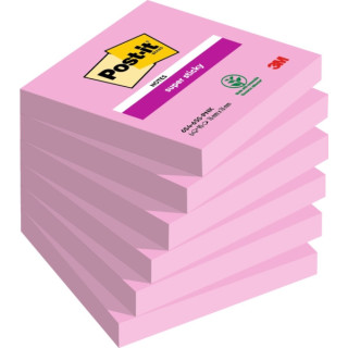 Post-It Super Sticky Pack de 6 Blocs de 90 Notas Adhesivas Reposicionables - 76x76mm - 100% PEFC - Color Rosa