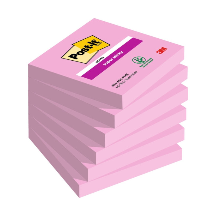 Post-It Super Sticky Pack de 6 Blocs de 90 Notas Adhesivas Reposicionables - 76x76mm - 100% PEFC - Color Rosa