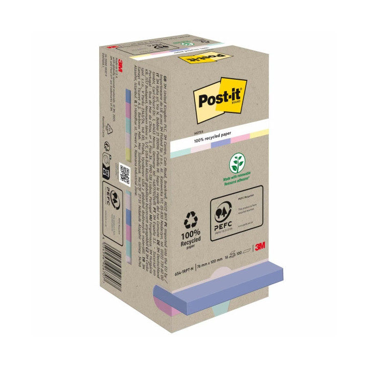 Post-It Pack de 16 Blocs de 100 Notas Adhesivas Recicladas - Forma Cuadrada - 76x76mm - Colores Surtidos