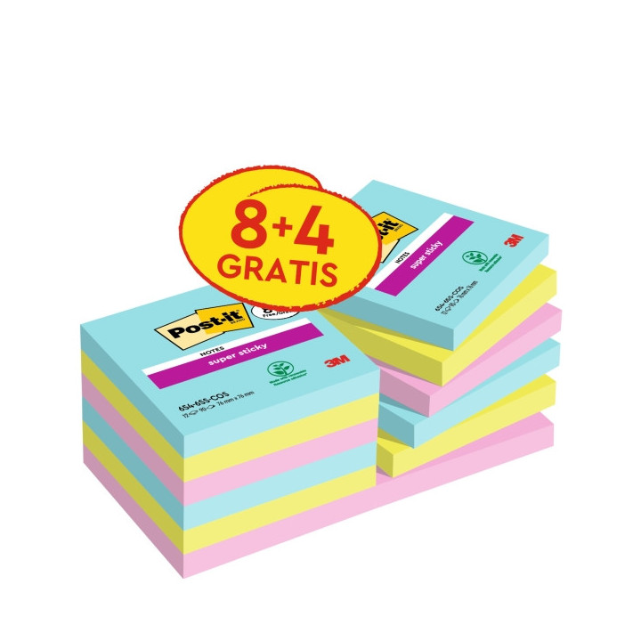 Post-It Super Sticky Pack de 12 Blocs de 90 Notas Adhesivas Reposicionables - Coleccion Cosmic - 76x76 mm - + 4 Gratis - Color