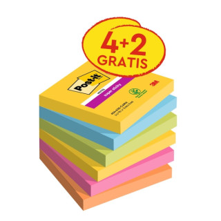 Post-It Super Sticky Pack de 6 Blocs de 90 Notas Adhesivas Reposicionables - Forma Cuadrada - 76x76mm - Colores Surtidos