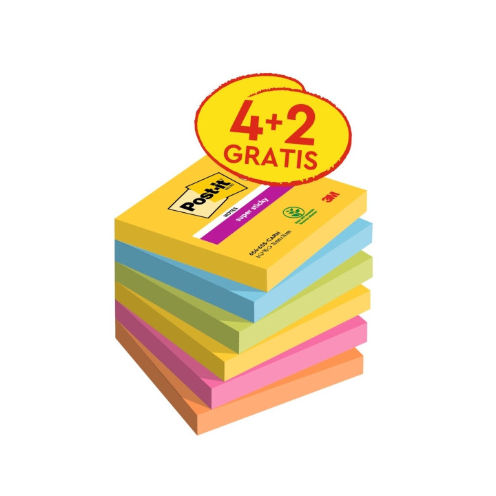 Post-It Super Sticky Pack de 6 Blocs de 90 Notas Adhesivas Reposicionables - Forma Cuadrada - 76x76mm - Colores Surtidos