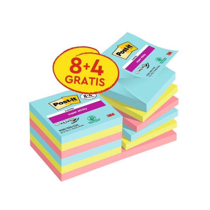 Post-It Super Sticky Pack de 12 Blocs de 90 Z-Notas Adhesivas Reposicionables - Coleccion Cosmic - 76x76 mm - Promocion 8 Bloc