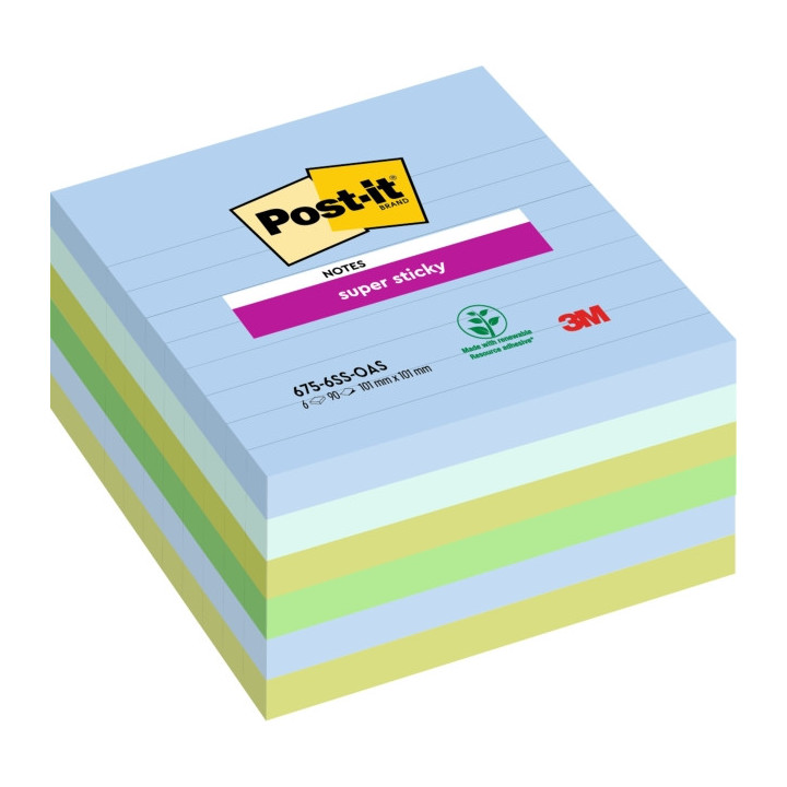 Post-It Super Sticky Pack de 6 Blocs de 90 Notas Adhesivas Reposicionables - Forma Cuadrada - 101x101mm - Colores Surtidos