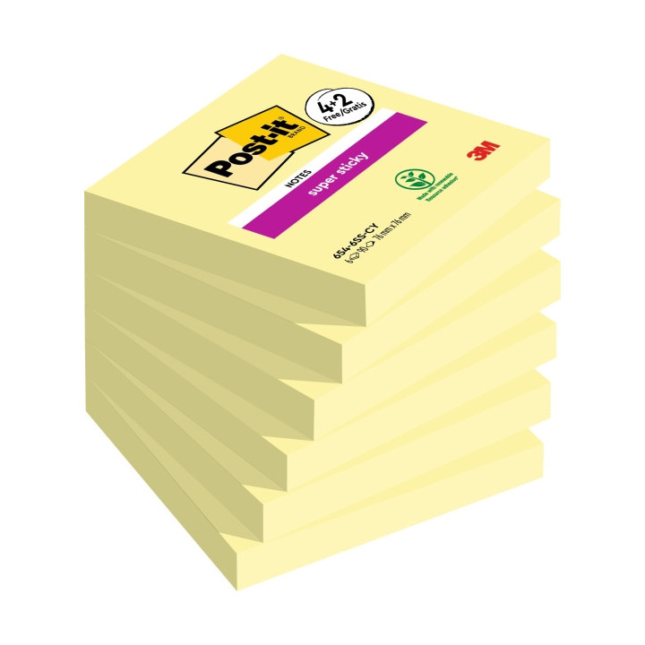 Post-It Super Sticky Pack de 6 Blocs de 90 Notas Adhesivas Reposicionables - 76x76mm - Promocion 4 Blocs + 2 Gratis - Color Ama