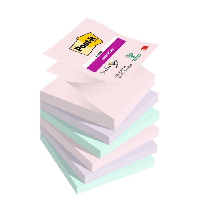 Post-It Super Sticky Pack de 6 Blocs de 90 Notas Adhesivas Reposicionables - Forma Cuadrada - 76x76mm - en Zig-Zag - Colores Su