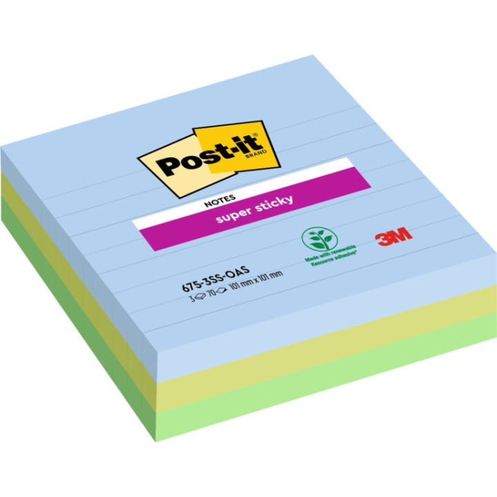 Post-It Super Sticky Pack de 3 Blocs de 70 Notas Adhesivas Reposicionables - Forma Cuadrada - 101x101mm - Colores Surtidos