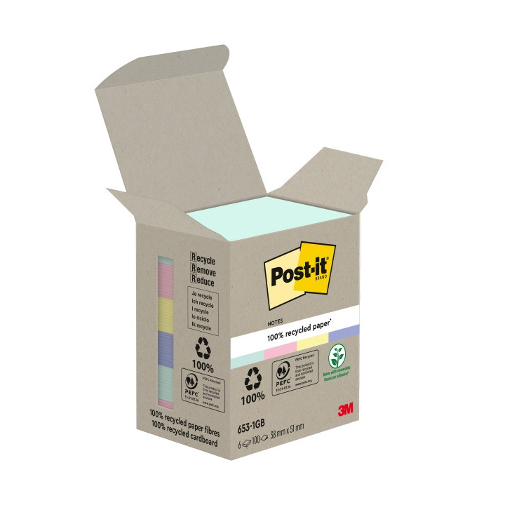 Post-It Pack de 6 Blocs de 100 Notas Adhesivas Recicladas - Forma Rectangular - 51x51mm - Colores Surtidos