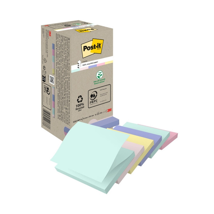 Post-It Pack de 16 Blocs de 100 Z-Notas Adhesivas Recicladas - Forma Cuadrada - 76x76mm - Colores Surtidos