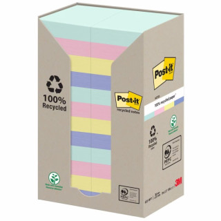 Post-It Pack de 24 Blocs de 100 Notas Adhesivas Recicladas - Forma Rectangular - 51x51mm - Colores Surtidos