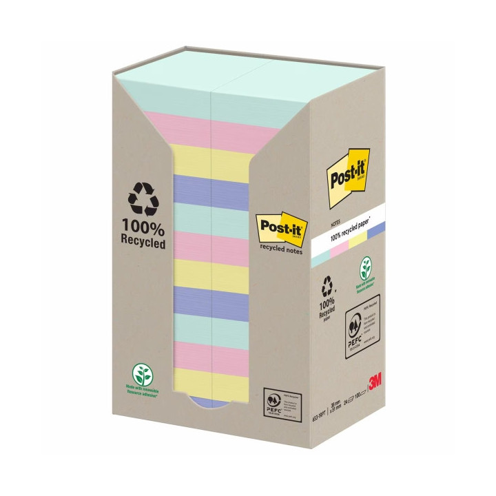 Post-It Pack de 24 Blocs de 100 Notas Adhesivas Recicladas - Forma Rectangular - 51x51mm - Colores Surtidos