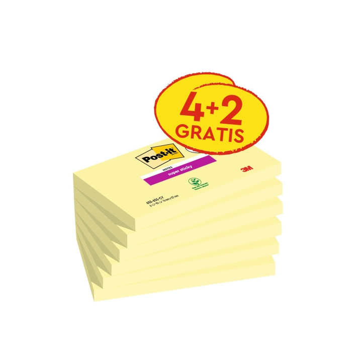 Post-It Super Sticky Pack de 6 Blocs con 90 Notas Adhesivas Reposicionables - 76x127mm - Promocion 4 Blocs + 2 Gratis - Color A