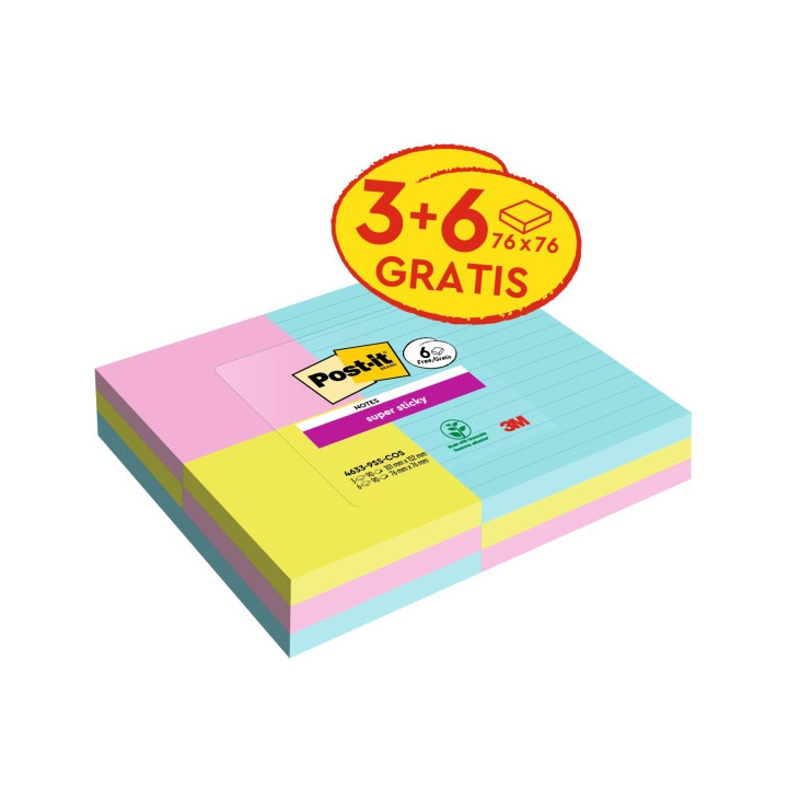 Post-It Super Sticky Pack de 9 Blocs de 90 Notas Adhesivas Reposicionables Coleccion Cosmic - 3 Blocs con Lineas + 6 Estandar -