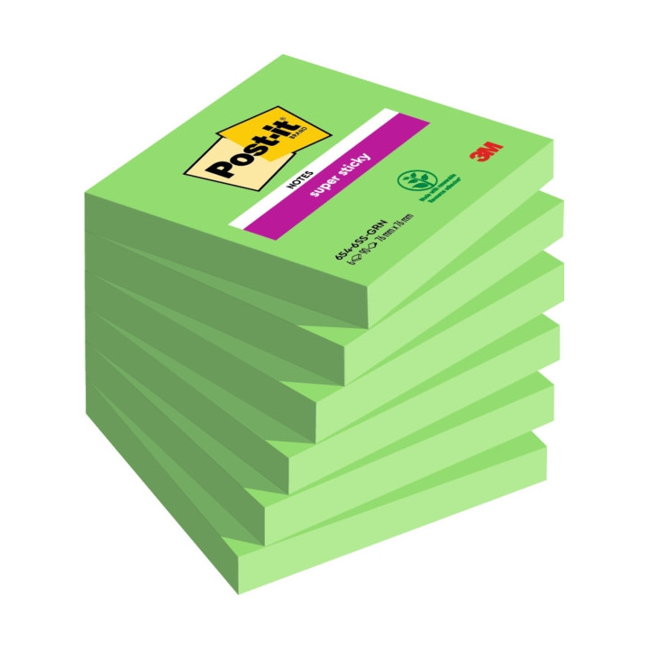 Post-It Super Sticky Pack de 6 Blocs de 90 Notas Adhesivas Reposicionables - 76x76mm - 100% PEFC - Color Verde