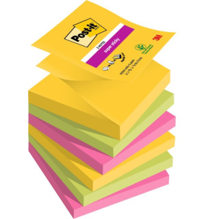 Post-It Super Sticky Pack de 6 Blocs de 90 Notas Adhesivas Reposicionables - Forma Cuadrada - 76x76mm - en Zig-Zag - Colores Su