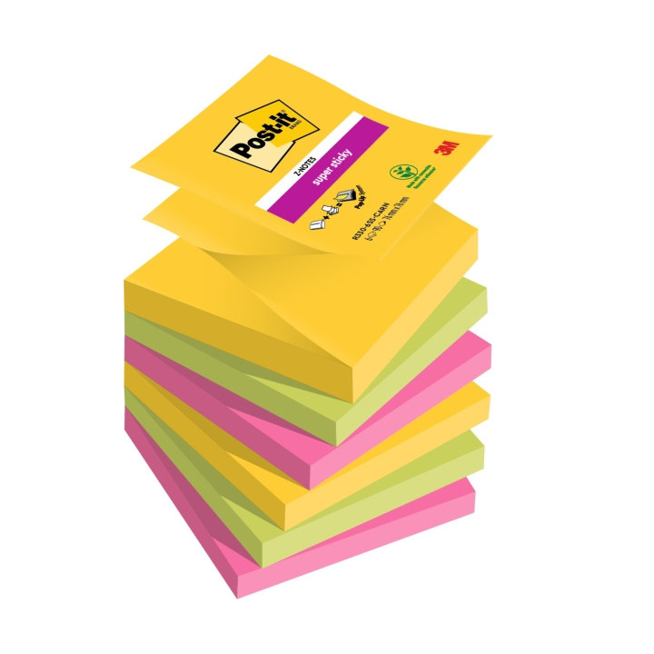 Post-It Super Sticky Pack de 6 Blocs de 90 Notas Adhesivas Reposicionables - Forma Cuadrada - 76x76mm - en Zig-Zag - Colores Su