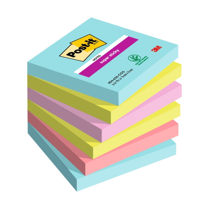 Post-It Super Sticky Pack de 6 Blocs de 90 Notas Adhesivas Reposicionables - Forma Cuadrada - 76x76mm - Colores Surtidos