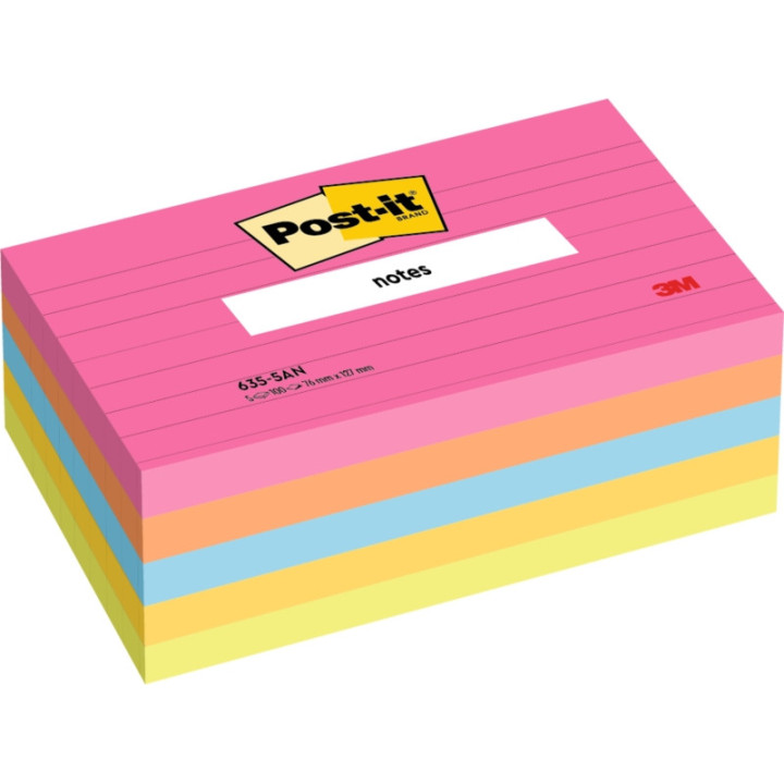 Post-It Pack de 5 Blocs de 100 Notas Adhesivas Reposicionables - con Lineas - 76x127mm - 100% PEFC - Colores Surtidos