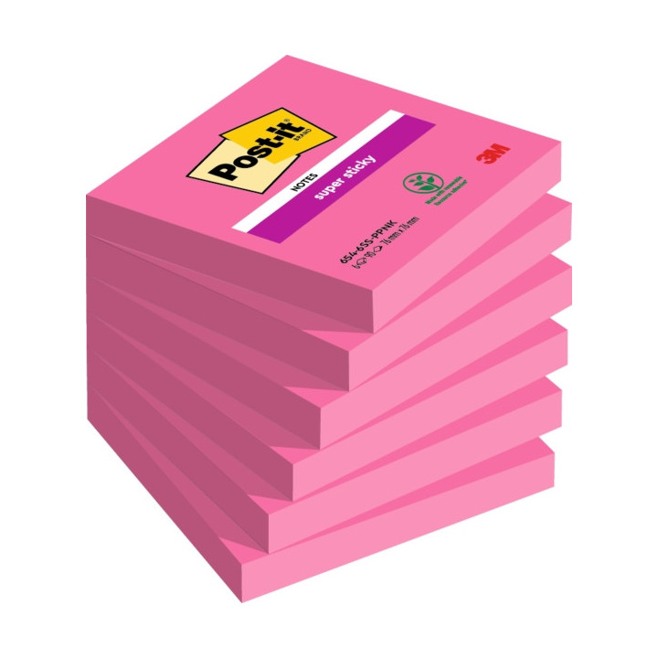 Post-It Super Sticky Pack de 6 Blocs de 90 Notas Adhesivas Reposicionables - Forma Cuadrada - 76x76mm - Color Rosa