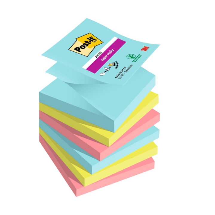 Post-It Super Sticky Pack de 6 Blocs de 90 Notas Adhesivas Reposicionables - Forma Cuadrada - 76x76mm - en Zig-Zag - Colores Su