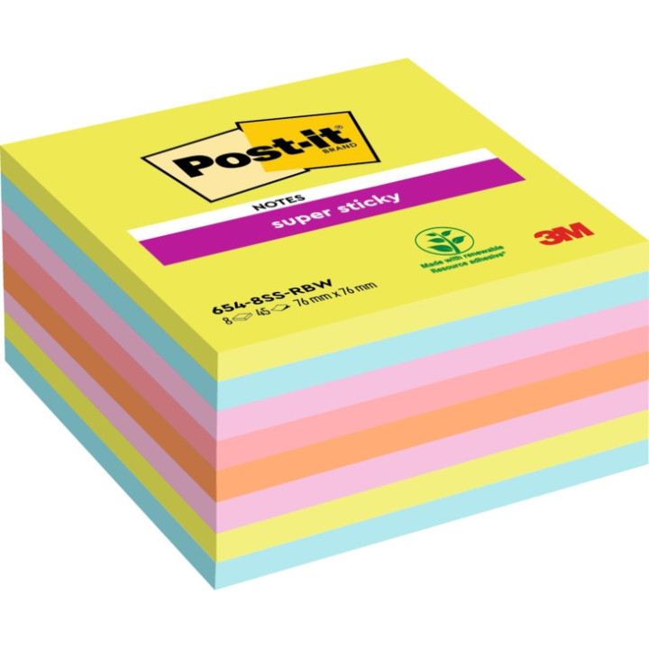 Post-It Super Sticky Pack de 8 Blocs de 45 Notas Adhesivas Reposicionables - 76x76mm - 100% PEFC - Colores Surtidos