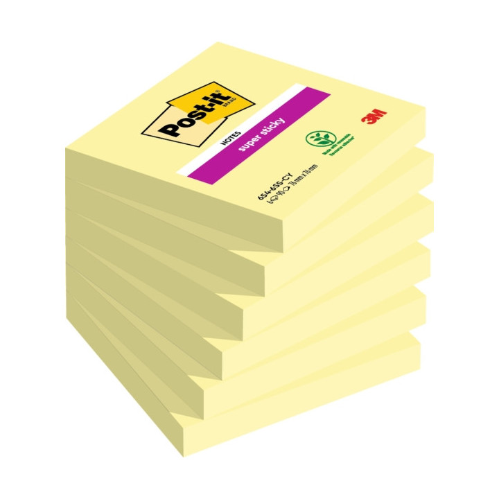 Post-It Super Sticky Pack de 6 Blocs de 90 Notas Adhesivas Reposicionables - Forma Cuadrada - 76x76mm - Color Amarillo Claro