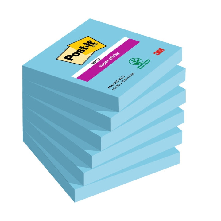 Post-It Super Sticky Pack de 6 Blocs de 90 Notas Adhesivas Reposicionables - Forma Cuadrada - 76x76mm - Color Azul