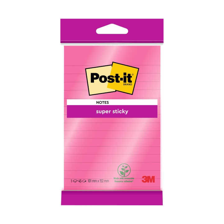 Post-It Super Sticky Bloc de 45 Notas Adhesivas Reposicionables - Forma Rectangular - 101x152mm - Color Rosa