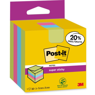 Post-It Super Sticky Cubo de 300 Notas Adhesivas Reposicionables - 76x76mm - 100% PEFC - Colores Surtidos