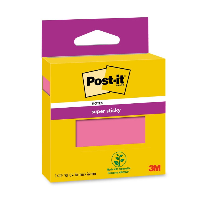 Post-It Super Sticky Bloc de 90 Notas Adhesivas Reposicionables - 76x76mm - 100% PEFC - Color Rosa