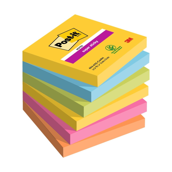 Post-It Super Sticky Pack de 6 Blocs de 90 Notas Adhesivas Reposicionables - Forma Cuadrada - 76x76mm - Colores Surtidos