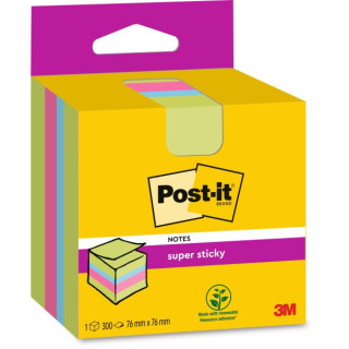 Post-It Super Sticky Cubo de 300 Notas Adhesivas Reposicionables - 76x76mm - 100% PEFC - Colores Surtidos
