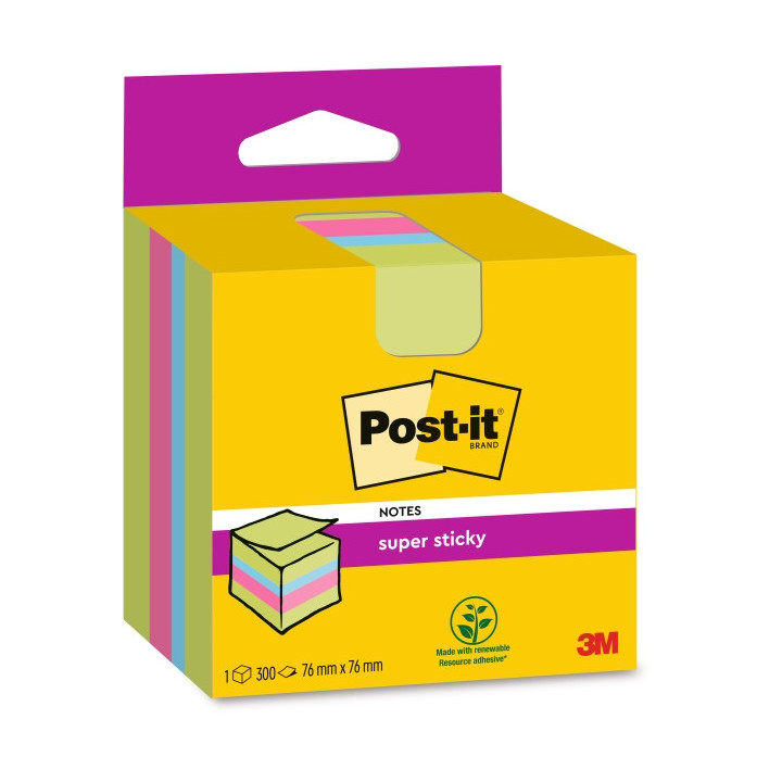Post-It Super Sticky Cubo de 300 Notas Adhesivas Reposicionables - 76x76mm - 100% PEFC - Colores Surtidos