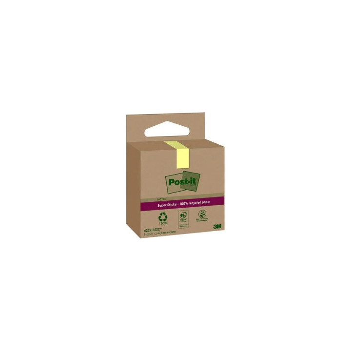 Post-It Super Sticky Pack de 3 Blocs de 70 Notas Adhesivas Recicladas - Forma Cuadrada - 47.6x47.6mm - Color Amarillo Claro