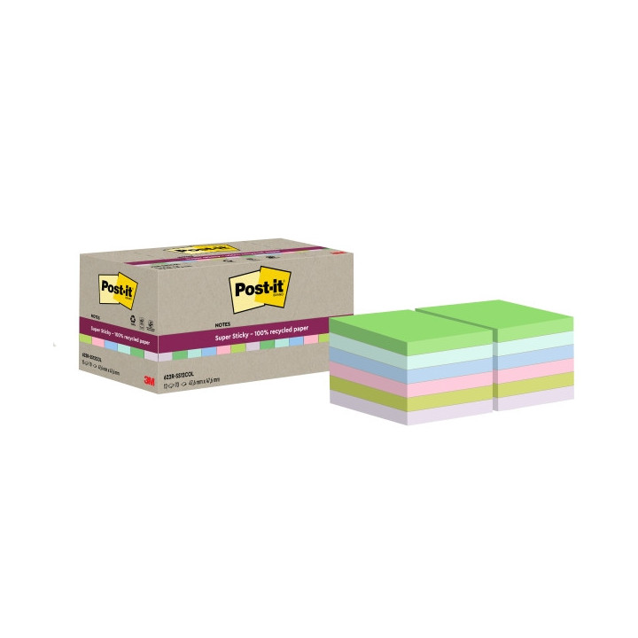 Post-It Super Sticky Pack de 12 Blocs de 70 Notas Adhesivas Recicladas - Forma Cuadrada - 47.6x47.6mm - Colores Surtidos