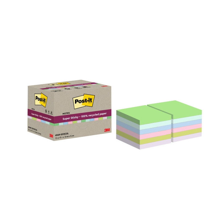 Post-It Super Sticky Pack de 12 Blocs de 70 Notas Adhesivas Recicladas - Forma Cuadrada - 76x76mm - Colores Surtidos