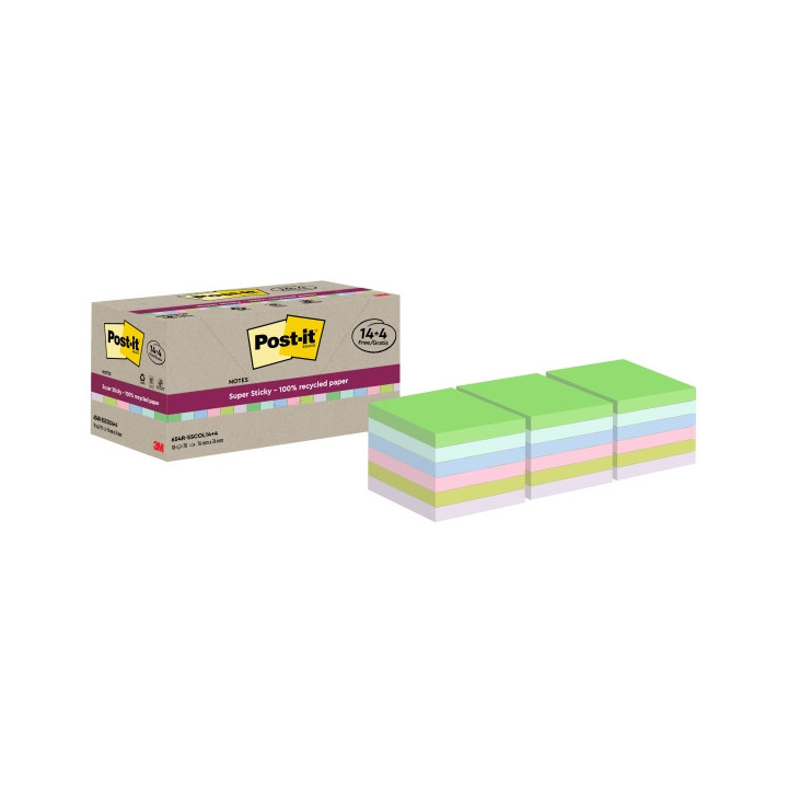 Post-It Super Sticky Pack de 18 Blocs de 70 Notas Adhesivas Recicladas - Forma Cuadrada - 76x76mm - Colores Surtidos