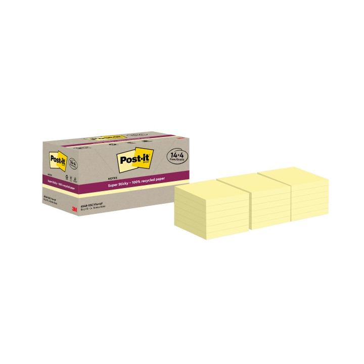 Post-It Super Sticky Pack de 18 Blocs de 70 Notas Adhesivas Recicladas - Forma Cuadrada - 76x76mm - Color Amarillo Claro