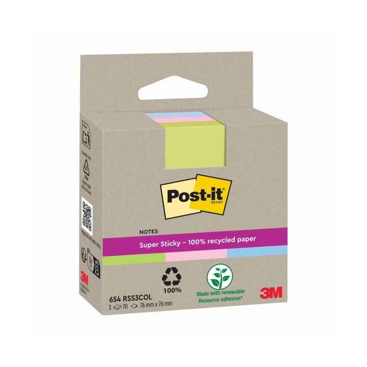 Post-It Super Sticky Pack de 3 Blocs de 70 Notas Adhesivas Recicladas - Forma Cuadrada - 76x76mm - Colores Surtidos