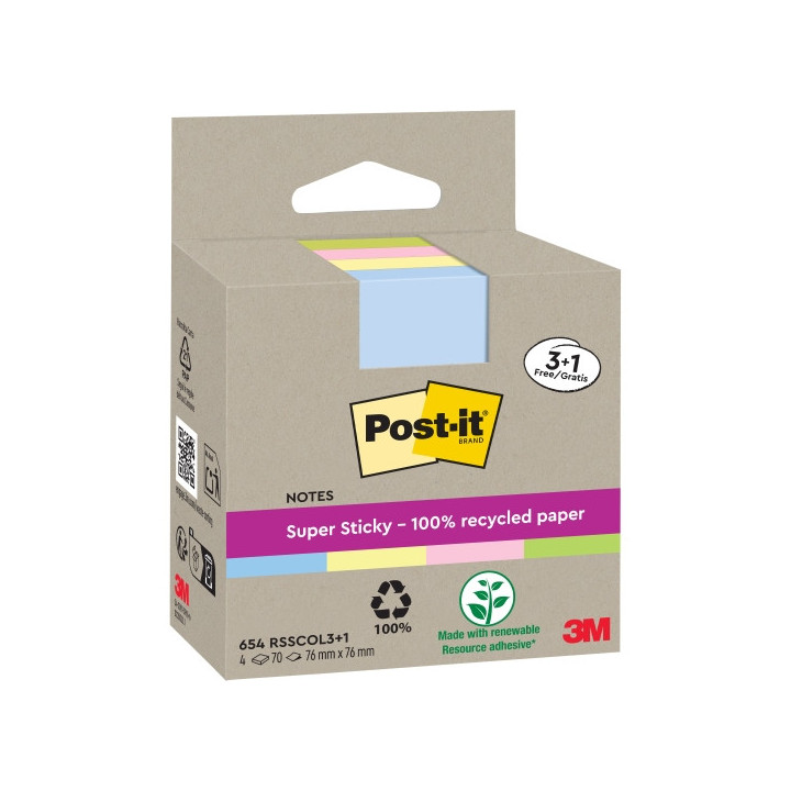 Post-It Super Sticky Pack de 4 Blocs de 70 Notas Adhesivas Recicladas - Forma Cuadrada - 76x76mm - Colores Surtidos