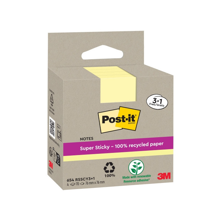 Post-It Super Sticky Pack de 4 Blocs de 70 Notas Adhesivas Recicladas - Forma Cuadrada - 76x76mm - Color Amarillo Claro