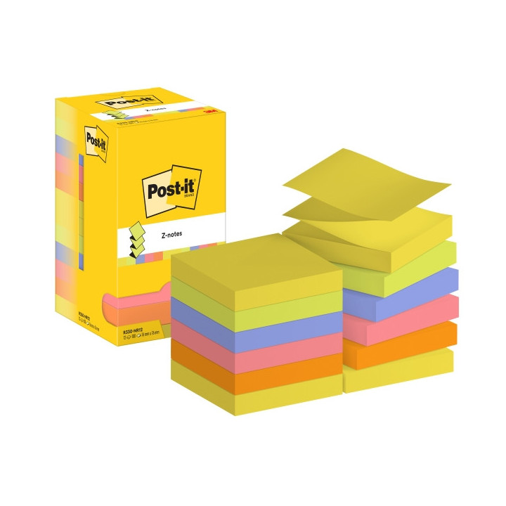 Post-It Pack de 12 Blocs de 100 Z-Notas Adhesivas Reposicionables - Forma Cuadrada - 76x76mm - Colores Surtidos