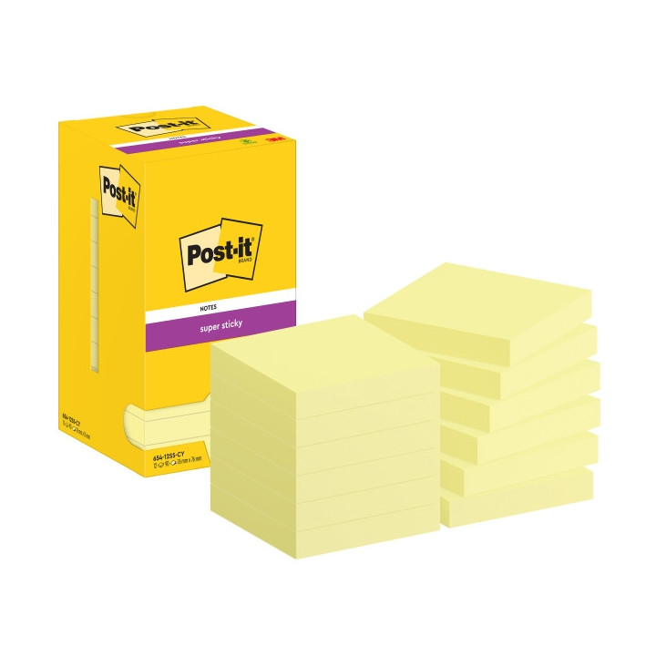 Post-It Super Sticky Pack de 12 Blocs de 90 Notas Adhesivas Reposicionables - 76x76mm - Paquete de Carton - Color Amarillo Clar