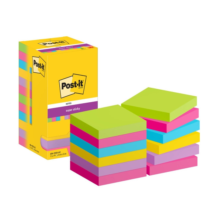 Post-It Super Sticky Pack de 12 Blocs de 90 Notas Adhesivas Reposicionables - Forma Cuadrada - 76x76mm - Colores Surtidos