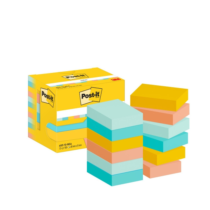 Post-It Pack de 12 Blocs de 100 Notas Adhesivas Reposicionables - Forma Rectangular - 38x51mm - Colores Surtidos