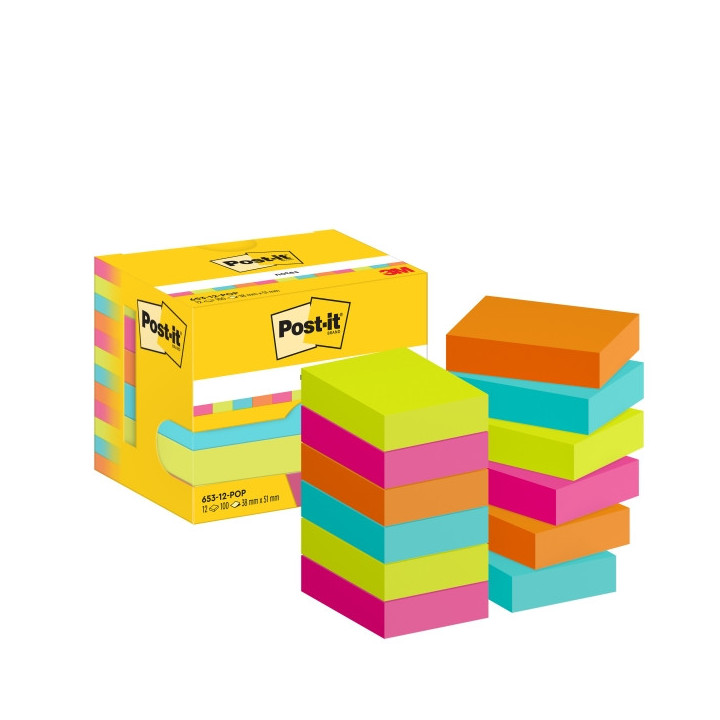 Post-It Pack de 12 Blocs de 100 Notas Adhesivas Reposicionables - Forma Rectangular - 38x51mm - Colores Surtidos